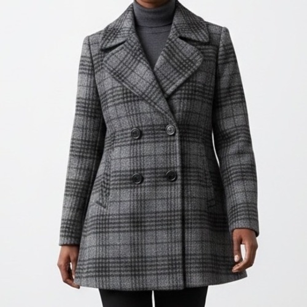 New York & Company Womens Gray Plaid Wool Peacoat 4 preppy dark academia